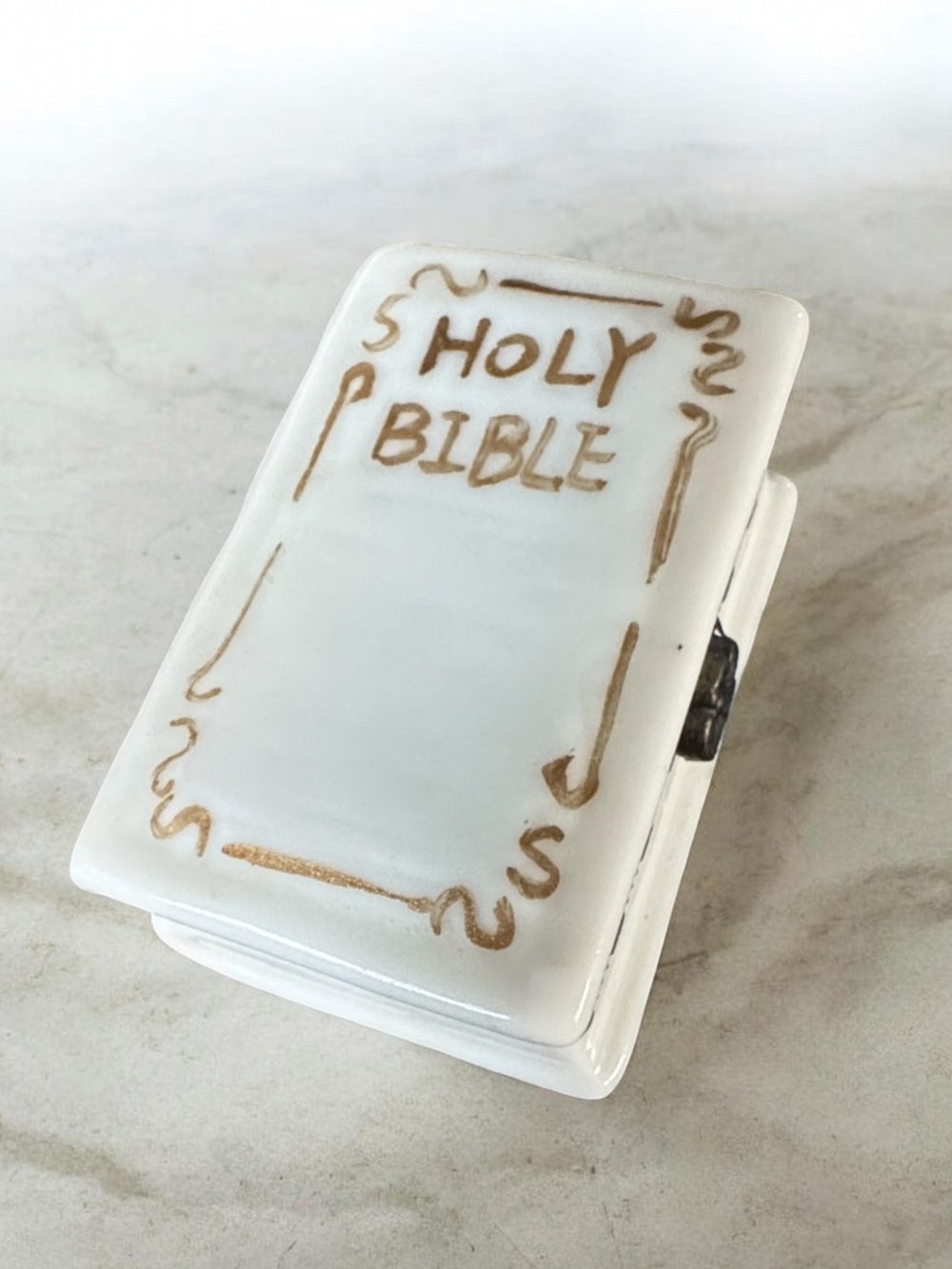 White Holy Bible Decorative Glazed Ceramic Trinket Case and Cross White and Gold